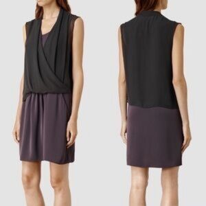 All Saints Purple And Black Abi Sleeveless Drape Knit Chiffon Mini Dress